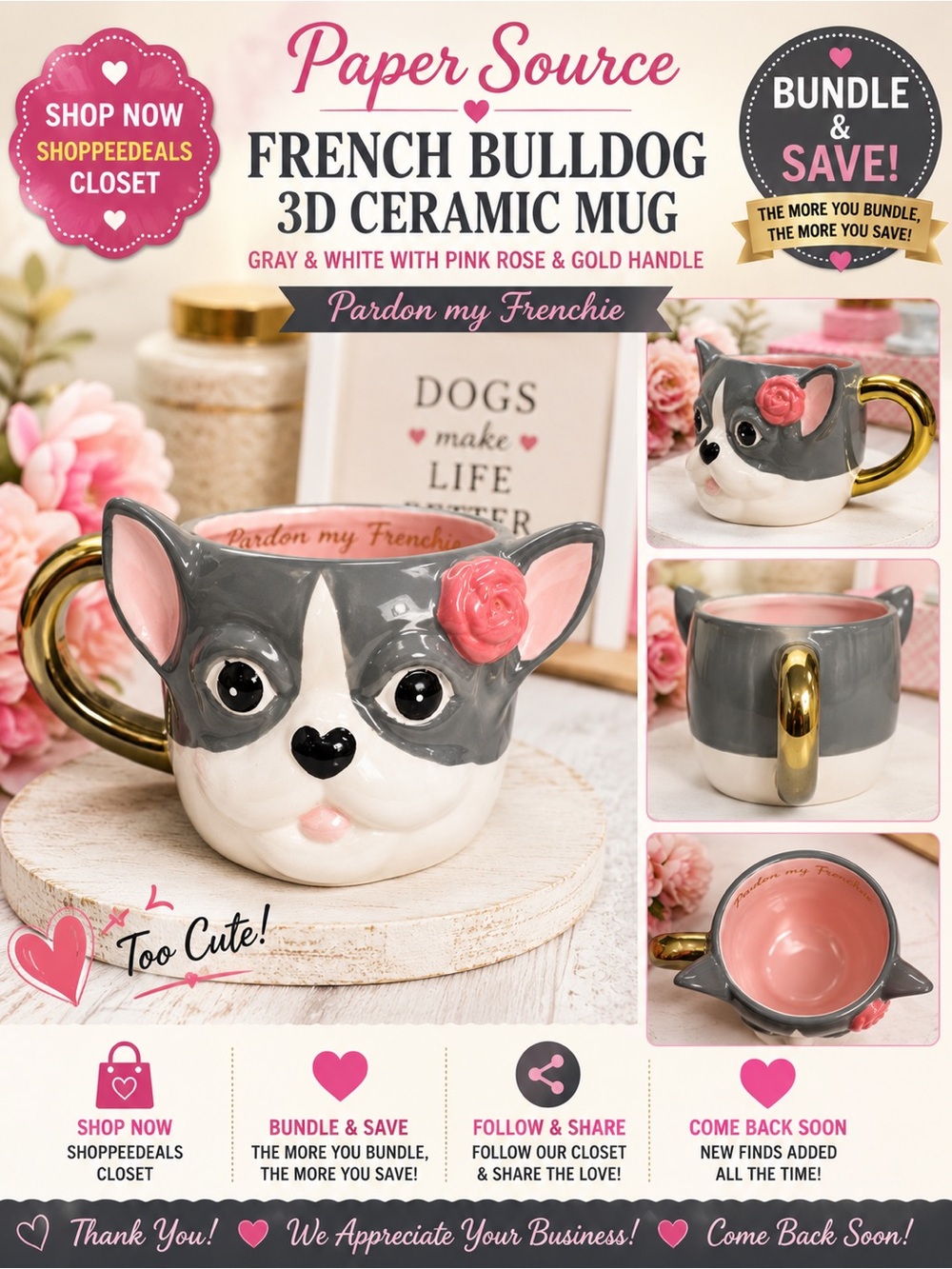 Paper Source French Bulldog / Boston Terrier 3D Ceramic Mug